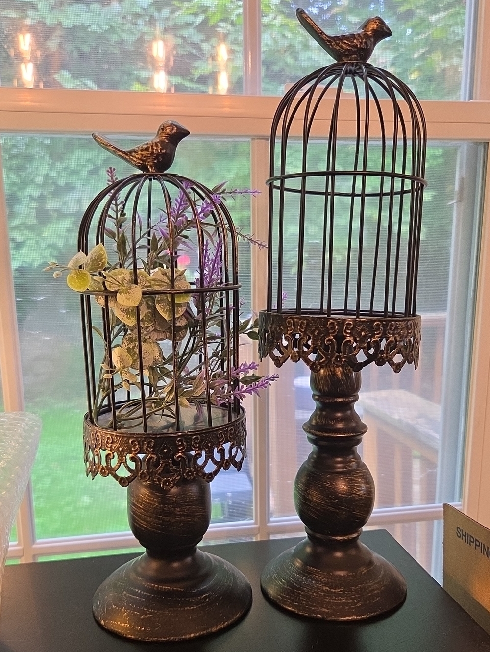 Decorative Bronze Birdcage Pedestal Set - Rustic Accent